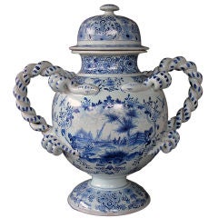 A Boldly-Scaled Dutch Blue&White Delft Pedestal Covered Vase
