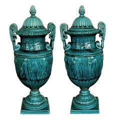 Diminutive Pr of French Louis XVI Style Turquioise Faience Urns