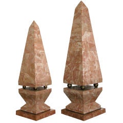 Striking Pair of American Rose-Colored Marble Veneered  Obelisks