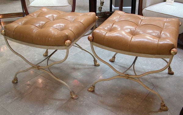 Graceful Pair of American Faux Bois Painted Metal X-Form Stools