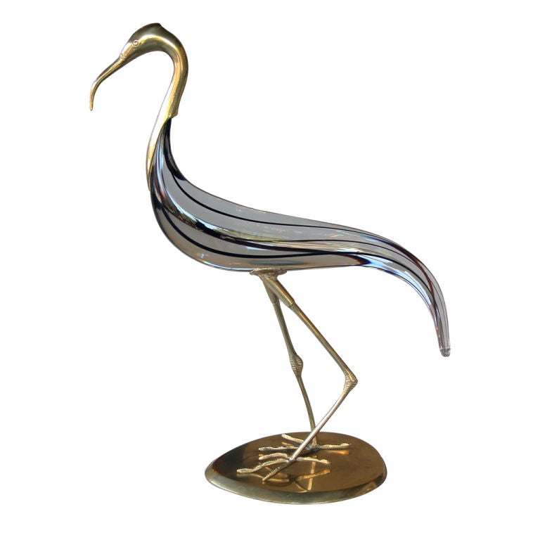 Graceful & Large Italian Glass Crane w/Brass Mounts; Murano