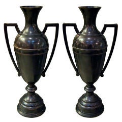 Well-Patinated Pr. of French Art Deco Bronze Double-Handled Urns