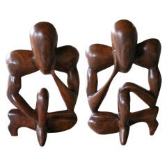 Stylized Pair of Balinese 1960's Carved Rosewood Seated Figures