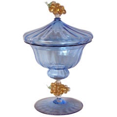An Elegant Italian Art Deco Periwinkle-Glass Covered Compote with Grape Clusters; by Salviatti