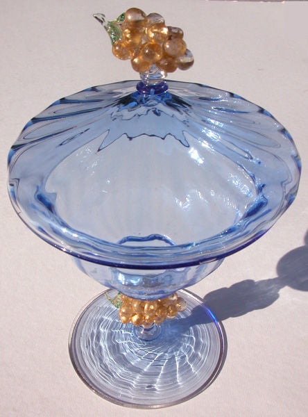 An Elegant Italian Art Deco Periwinkle-Glass Covered Compote with Grape Clusters; by Salviatti 1
