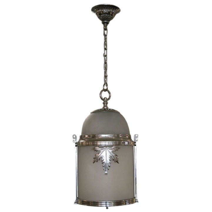 A Handsome and Good Quality English Edwardian Nickel-Plated Bronze Cylindrical-Form Frosted Glass Lantern