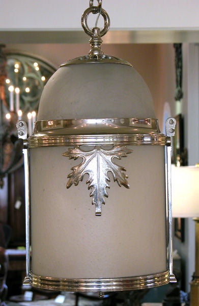 A Handsome and Good Quality English Edwardian Nickel-Plated Bronze Cylindrical-Form Frosted Glass Lantern 1