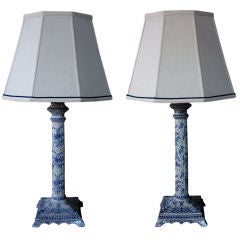 Good Quality Pair of Dutch Blue&White Delft Columnar-Form Lamps