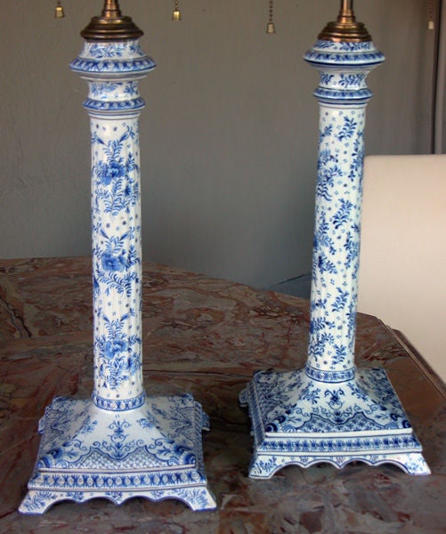 Good Quality Pair of Dutch Blue&White Delft Columnar-Form Lamps