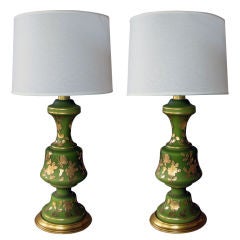 A Fine Pair of French Avocado Green Cased Glass Baluster-Form Oil Lamps with Gilt Floral Decoration