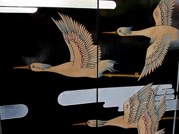 Mid-20th Century A Chic American Art Deco Lacquered Screen Depicting a Soaring Flock of Birds