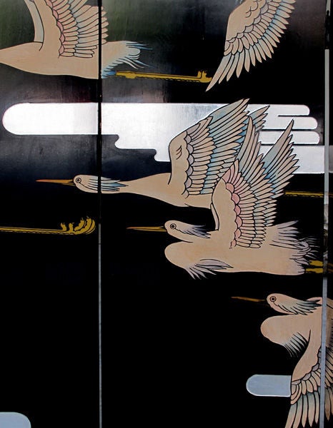 A Chic American Art Deco Lacquered Screen Depicting a Soaring Flock of Birds 1