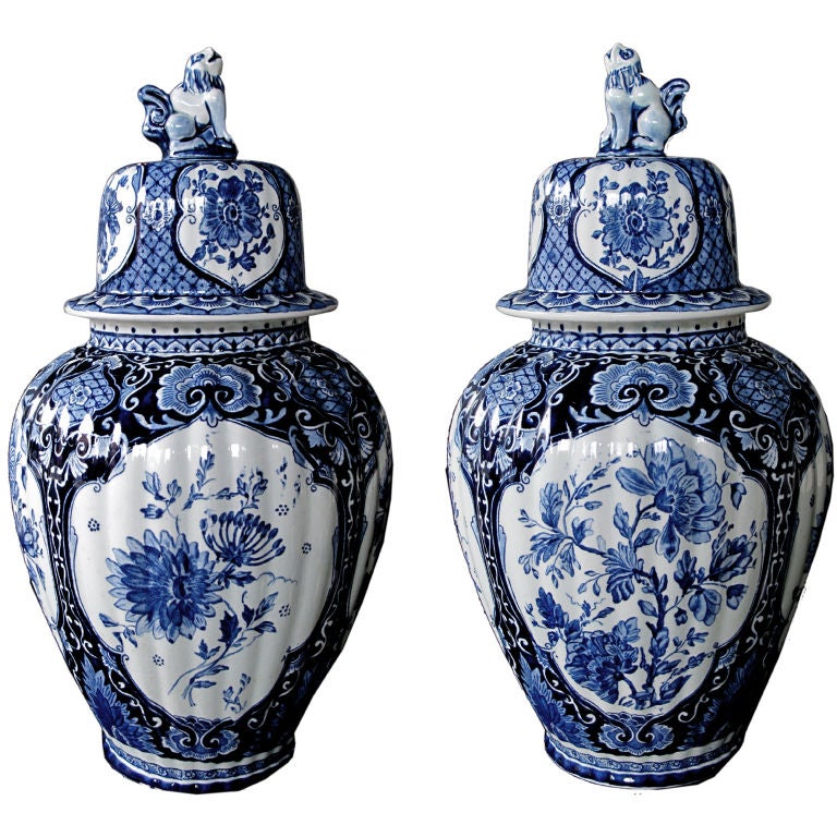 Robust Pair of Dutch Blue & White Delftware Covered Ginger Jars