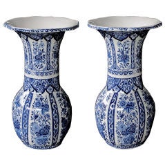 A Large-Scaled Pair of Dutch Blue & White Delftare Trumpet Vases