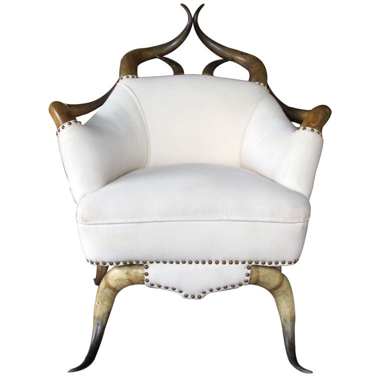 A Large-Scaled American Steer Horn Upholstered Club Chair
