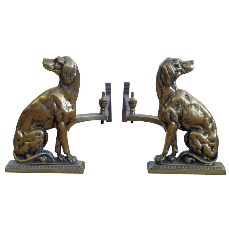 A Well-Executed Pair of English Brass Dog-Form Andirons