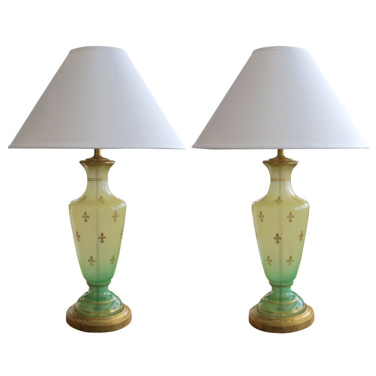 A Pair of American Mid-Century Frosted Apple-Green Glass Lamps, by Cooper