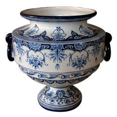 A Massive French Blue & White Tin-Glazed Faience Double-Handled Urn