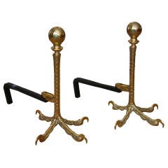 An Unusual Pair of French Solid Brass Ostrich-Leg Form Andirons