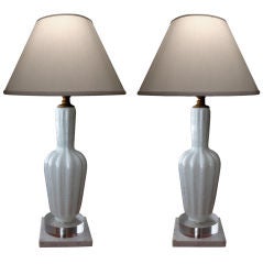 A Luminous Pair of Italian 1960's Ribbed White Glass Baluster-Form Lamps