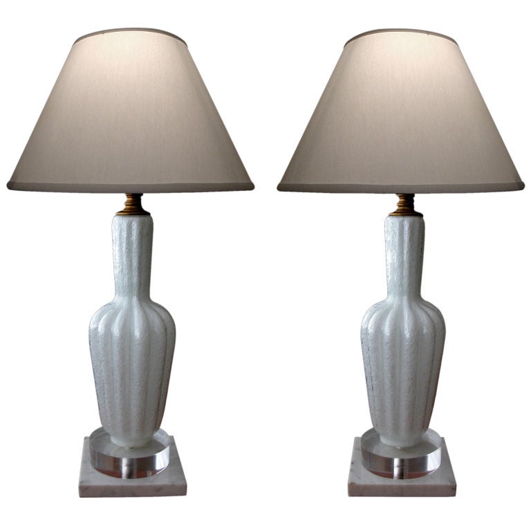 A Luminous Pair of Italian 1960
s Ribbed White Glass Baluster-Form Lamps