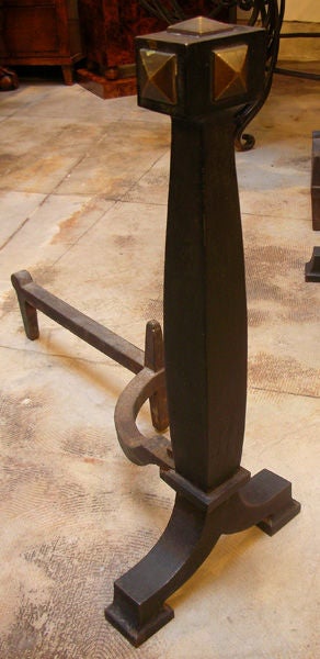 Handsome Pair of  English Arts & Crafts Andirons w/Brass Mounts