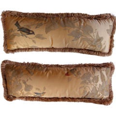  Pair of Chinese Silk Panels Mounted as Kidney Pillows