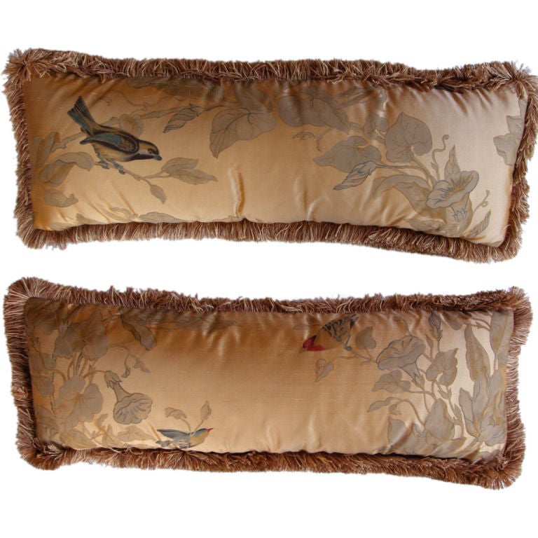 Pair of Chinese Silk Panels Mounted as Kidney Pillows