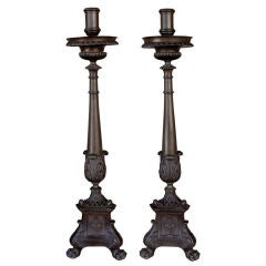 Boldly-Scaled Pair of French Louis XVI Style Bronze Candlesticks
