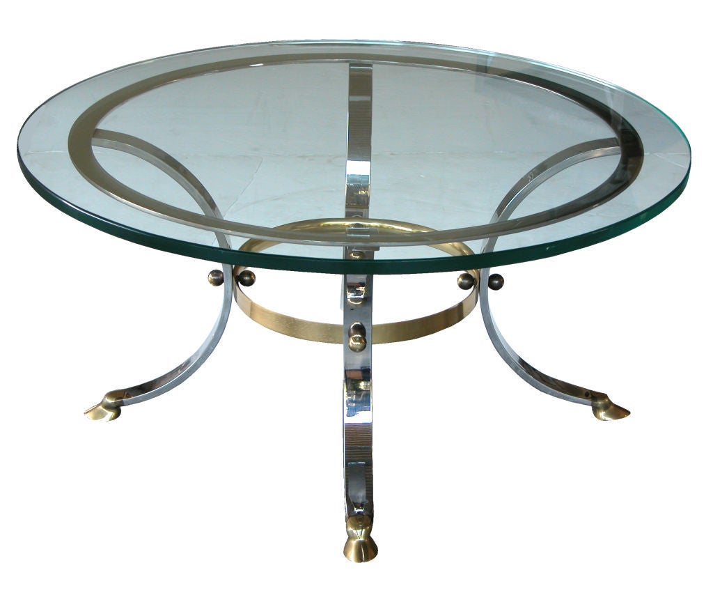 A Stylish American 1960's Chrome & Brass Circular Cocktail Table with Glass Top 1