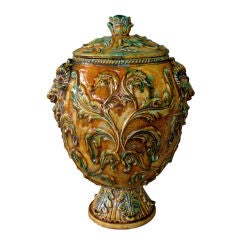 A Boldly-Scaled Baroque Style Ochre-Glazed  Majolica Covered Urn