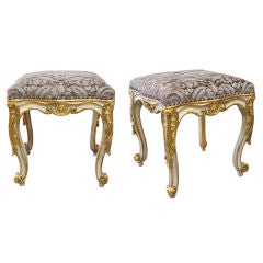 A Well-Carved Pair of Rococo Style Ivory Painted Square Stools