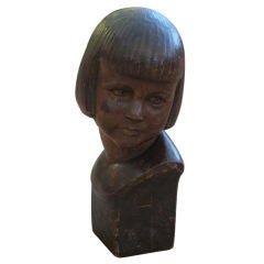 An Expressive Swiss 1930's Carved Wooden Bust of A Girl; Wyss