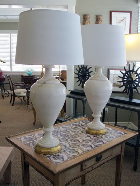 Large Pr of Italian Art Deco Carrera Marble Baluster-Form Lamps