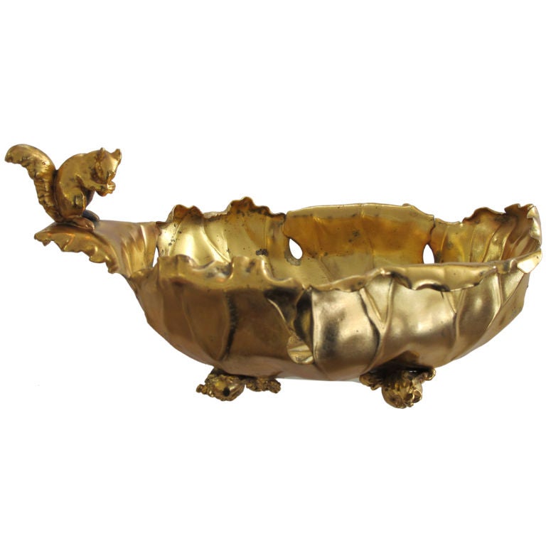A Whimsical American Gold Plated Nut Dish with Figural Squirrel Handle, by Pairpoint Mfg.