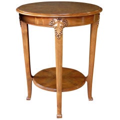 A Rare French Art Nouveau Walnut-Veneered Circular Side Table with Grape Motif