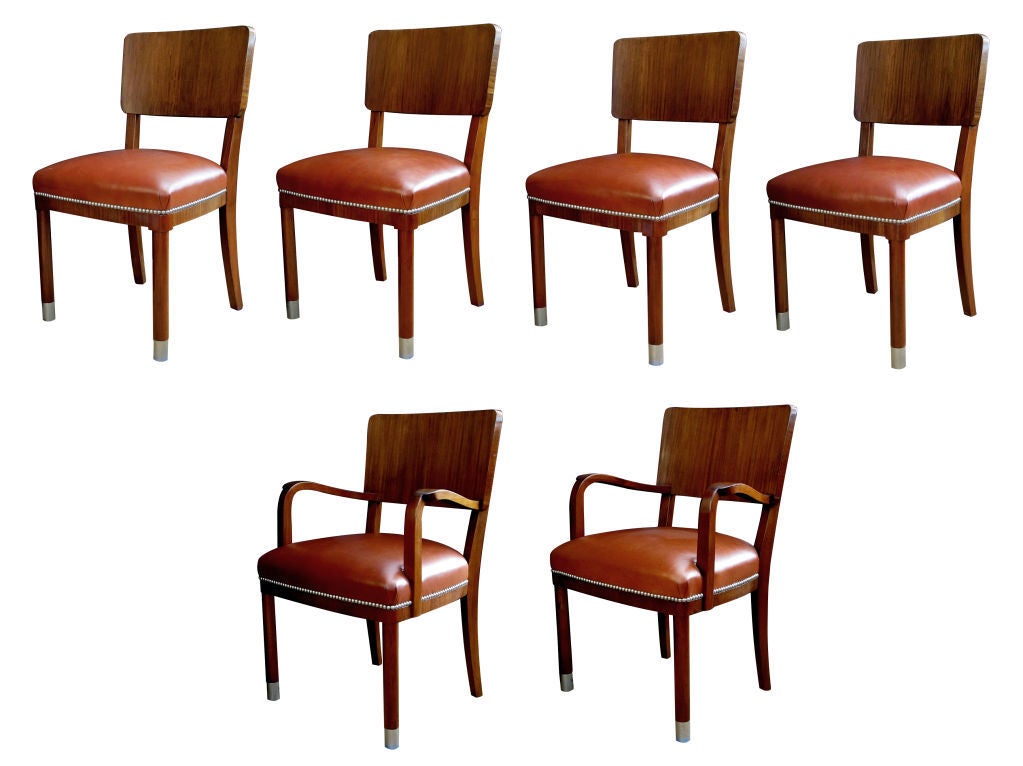 Mid-20th Century Handsome Set of 6 American 1940's Ribbon-Mahogany Dining Chairs
