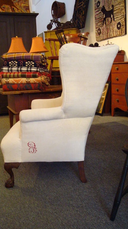 Upholstery EARLY 19THC CHIPPENDALE BALL&CLAW FEET WING CHAIR
