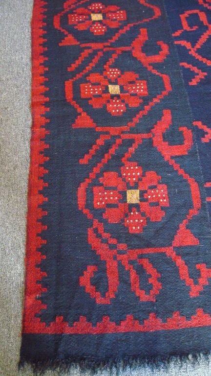 19THC RARE WOVEN BLUE AND RED HOMESPUN COVERLET W/ORIGINALFRINGE