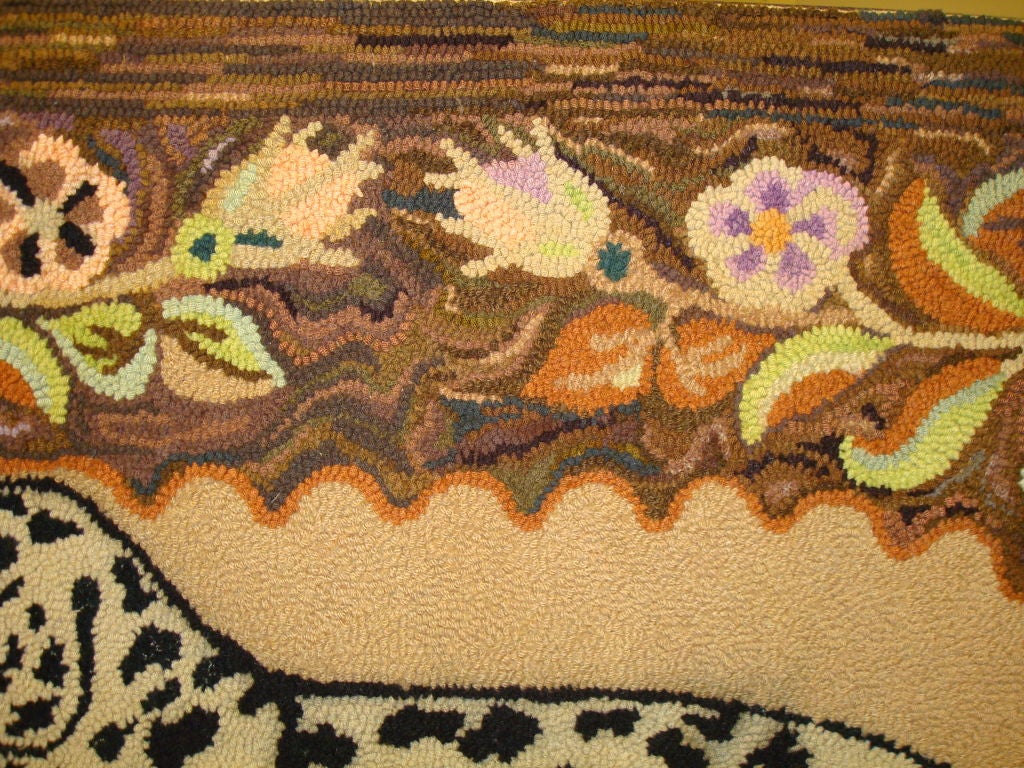 Adirondack 20th C Hand Hooked Pictorial and Floral Border Mounted Rug For Sale