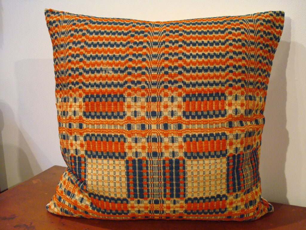 American 19TH C. COVERLET PILLOWS IN ORANGE, BLUE, AND BEIGE