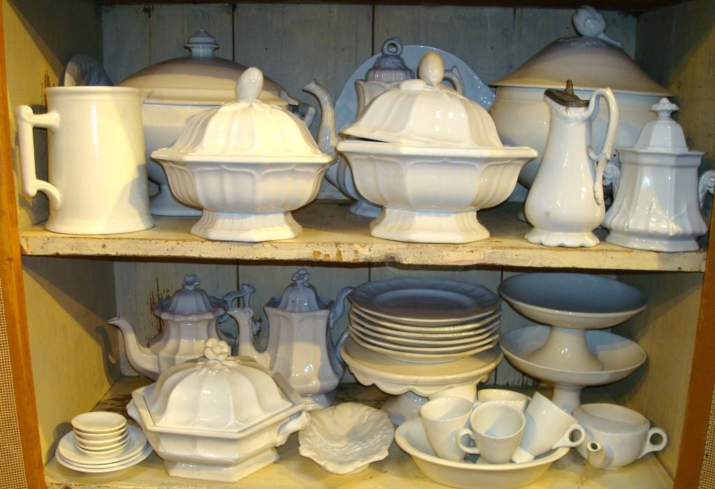 WONDERFUL GROUP OF OVER FIFTY PIECES OF 19THC WHITE IRONSTONE DISHES.ALL PIECES IN MINT CONDITION AND SOME ARE VERY RARE FORMS.THIS IS A GREAT COLLECTION TO FILL A CUPBOARD.SETS OF PLATES ,TUREENS,LARGE FRUIT BOWLS,SEVERAL EXTRA LARGE SOUP