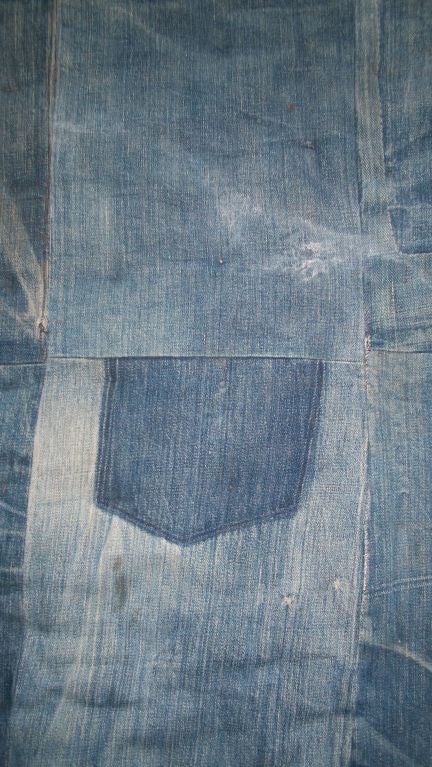 FOLKY & RARE EARLY 20THC AFRO-AMERICAN DENIM/PATCH WORK TIED QUILT W/HAND MADE TIES.THIS WONDERFUL REVERSABLE SOUTHERN QUILT IS FROM ALABAMA ORIGINALY AND NOW HAS COME OUT OF A PRIVATE COLLECTION.THE ENTIRE QUILT IS MADE FROM VINTAGE DENIM OR OLD