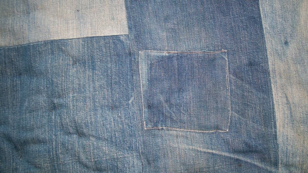 American EARLY 20THC AFRO-AMERICAN DENIM PATCH WORK TIED  QUILT