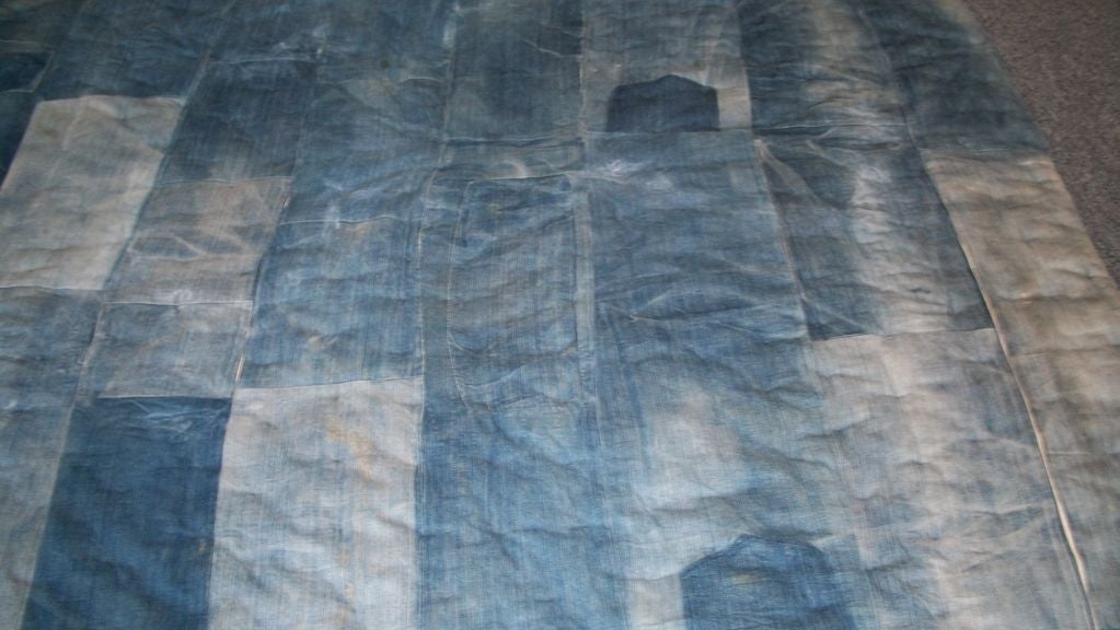 EARLY 20THC AFRO-AMERICAN DENIM PATCH WORK TIED  QUILT 2