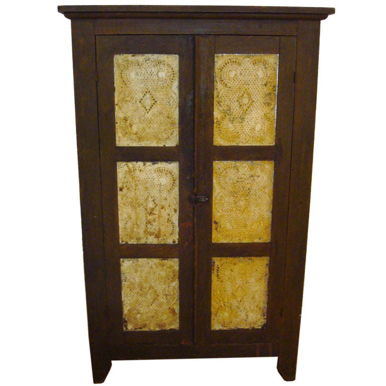 19THC ORIGINAL BROWN W/CREAM PAINTED PUNCHED TINS PIE SAFE