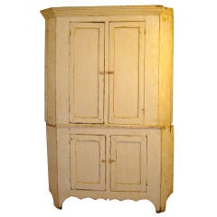 19THC ORIGINAL WHITE PAINTED TWO PIECE CORNER CUPBOARD FROM PA.