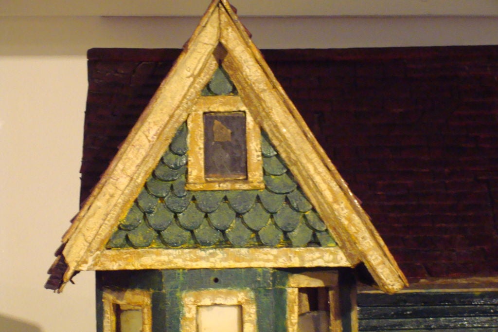 19THC FOLKY ORIGINAL PAINTED VICTORIAN DOLL HOUSE W/ TIN ROOF 1