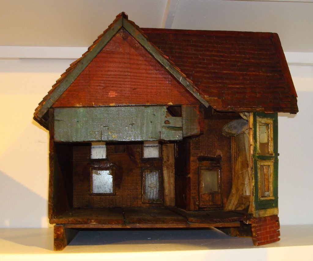 19THC FOLKY ORIGINAL PAINTED VICTORIAN DOLL HOUSE W/ TIN ROOF 4