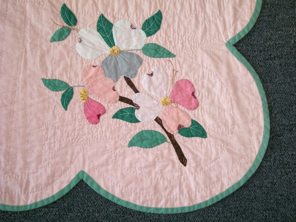 THIS 20TH C. DOGWOOD APPLIQUE QUILT HAS A SCALLOPED BORDER IN WONDERFUL HAND WORK. THE PIECING IS GREAT AND CONDITION IS GOOD. THE QUILT IS FROM THE MIDWEST AND IS IN A LARGE SIZE.